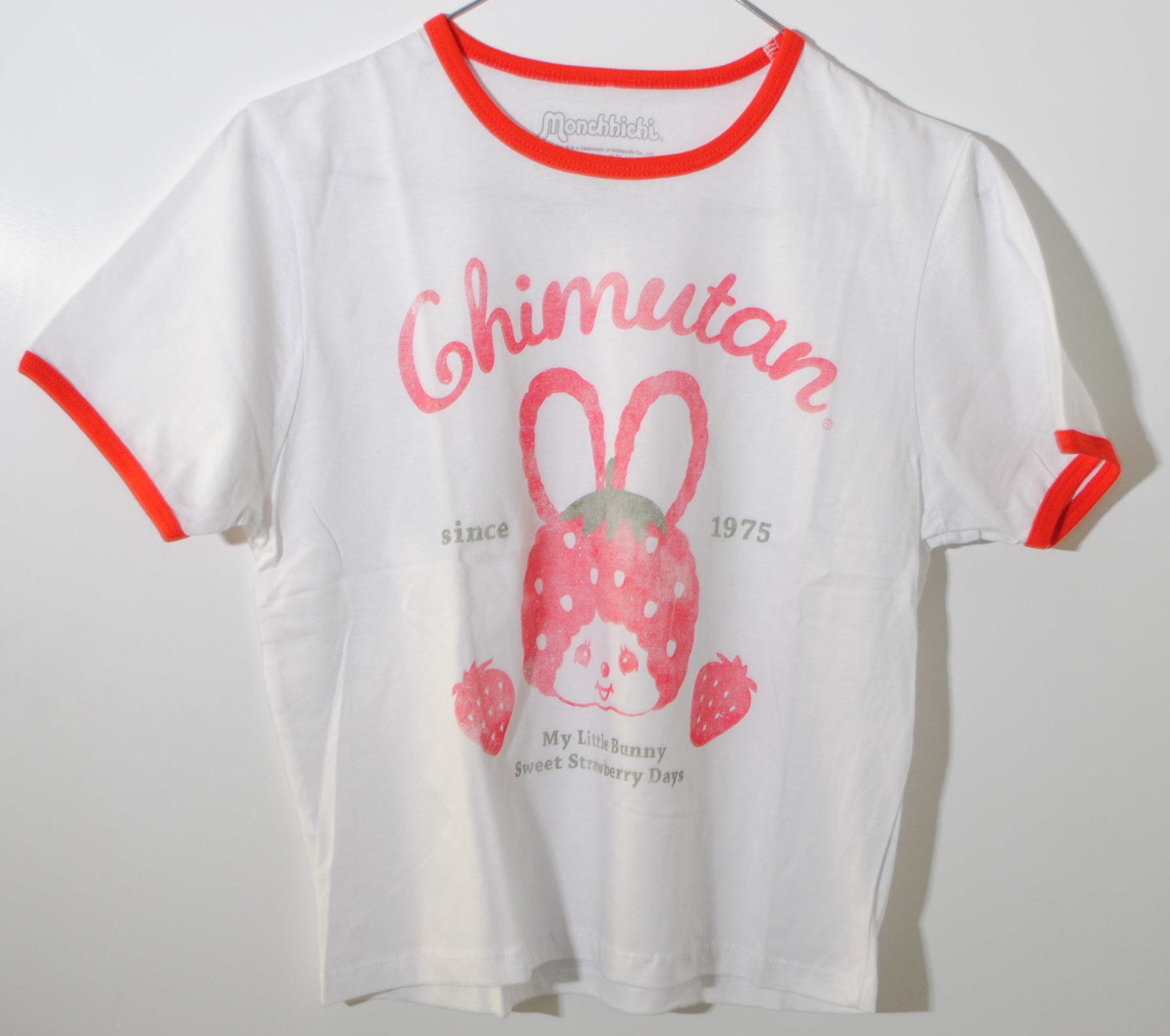 Monchhichi Fashon - T-Shirt white/red faded print (Monchhichi Fashon T-Shirt weiß/rot), Chimutan® / since 1975 / My Little Bunny / Sweet Strawberry Days, Größe S, 100% Cotton, Sekiguchi