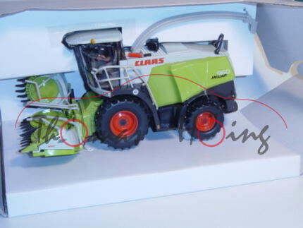 Claas 960 Jaguar, claasgrün/dunkel-kieselgrau/braunoliv, Fahrer mit grauem Overal und Claas-Druck, W