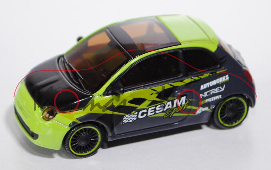 Fiat 500, leuchtgrün/schwarz/schiefergrau, CESAM / Sport / NOREV, 1:50, Norev STREET RACER, mb