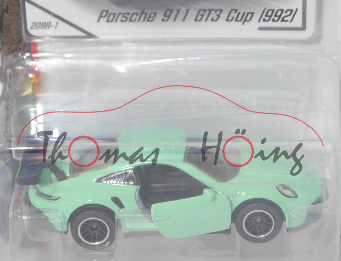 Porsche 911 GT3 Cup (Typ 992, Modell 2019-), dunkel-weißgrün, Nr. 209R-1, majorette, 1:62, Blister