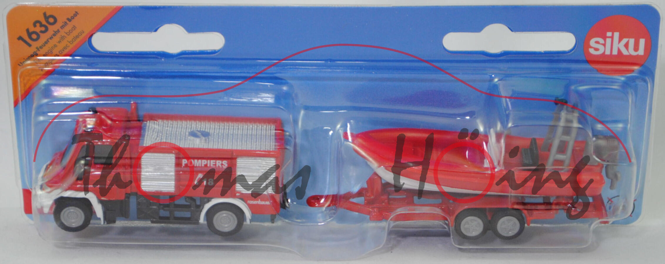 00102 F Mercedes-Benz Unimog U 500 (Modell 2001-2006) Feuerwehr mit Anhänger und Mehrzweckboot MZB 72/AB, rot/weiß, POMPIERS / C 18 / rosenbauer, SIKU SUPER, P29e