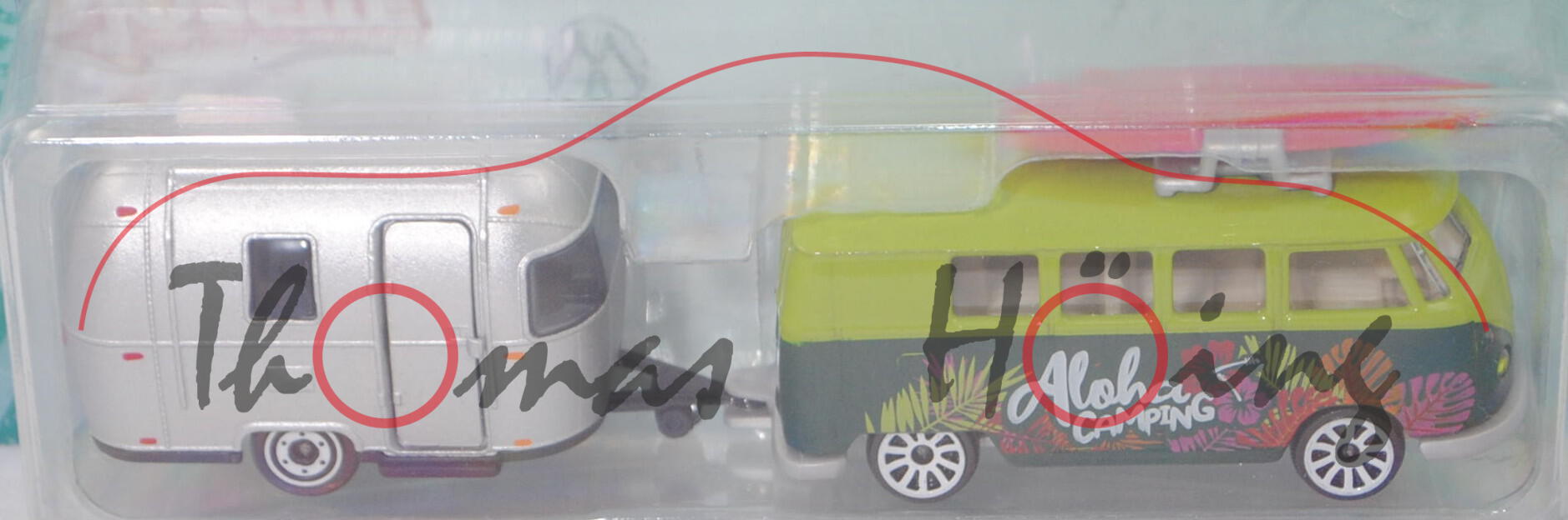 VW Transporter Kleinbus 1200 (Typ 2 T1, Mod. 60-63) mit AIRSTREAM Sport 16, grün, majorette, Blister