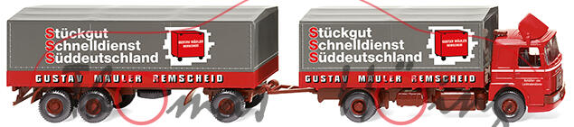 MAN (F8 Frontlenker, Mod. 1972-1975) Pritschenanhängerzug, rot, GUSTAV MÄULER, Wiking, 1:87, mb