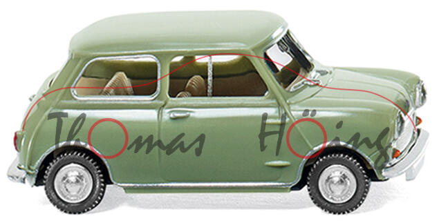 Morris Mini-Minor (Typ MK I, Rechtslenker, Modell 1959-1967, Baujahr 1959), resedagrün, Wiking, 1:87