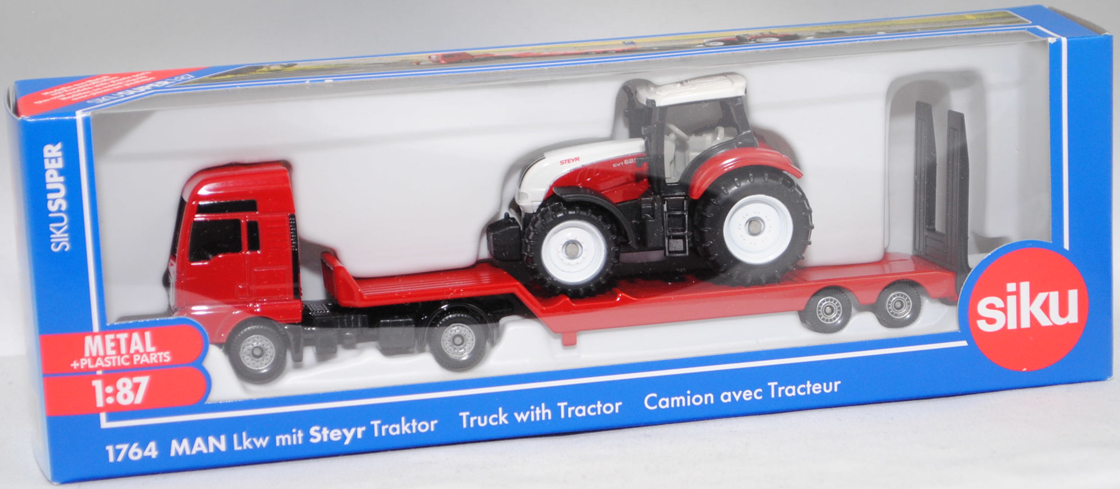 00000 MAN TGX 18.580 D38 XXL (1. Generation, Facelift 2017, Modell 2017-2019) und Sattelauflieger mit Steyr 6230 CVT ecotech (Modell 2011-2015), rot und weiß/rot, SIKU SUPER 1:87, L17mpK