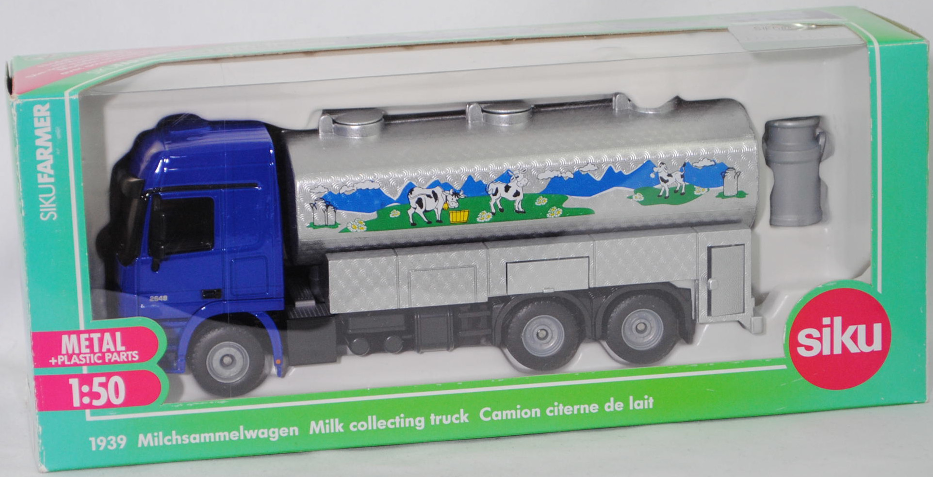 00000 Mercedes-Benz Actros L 2648 6x2 (MP3, Modell 2008-2011) Milchsammelwagen HLW-Turbo, blau/graualu, Hart-Gummistopfen hinten am Tank, SIKU FARMER 1:50, L17mpK