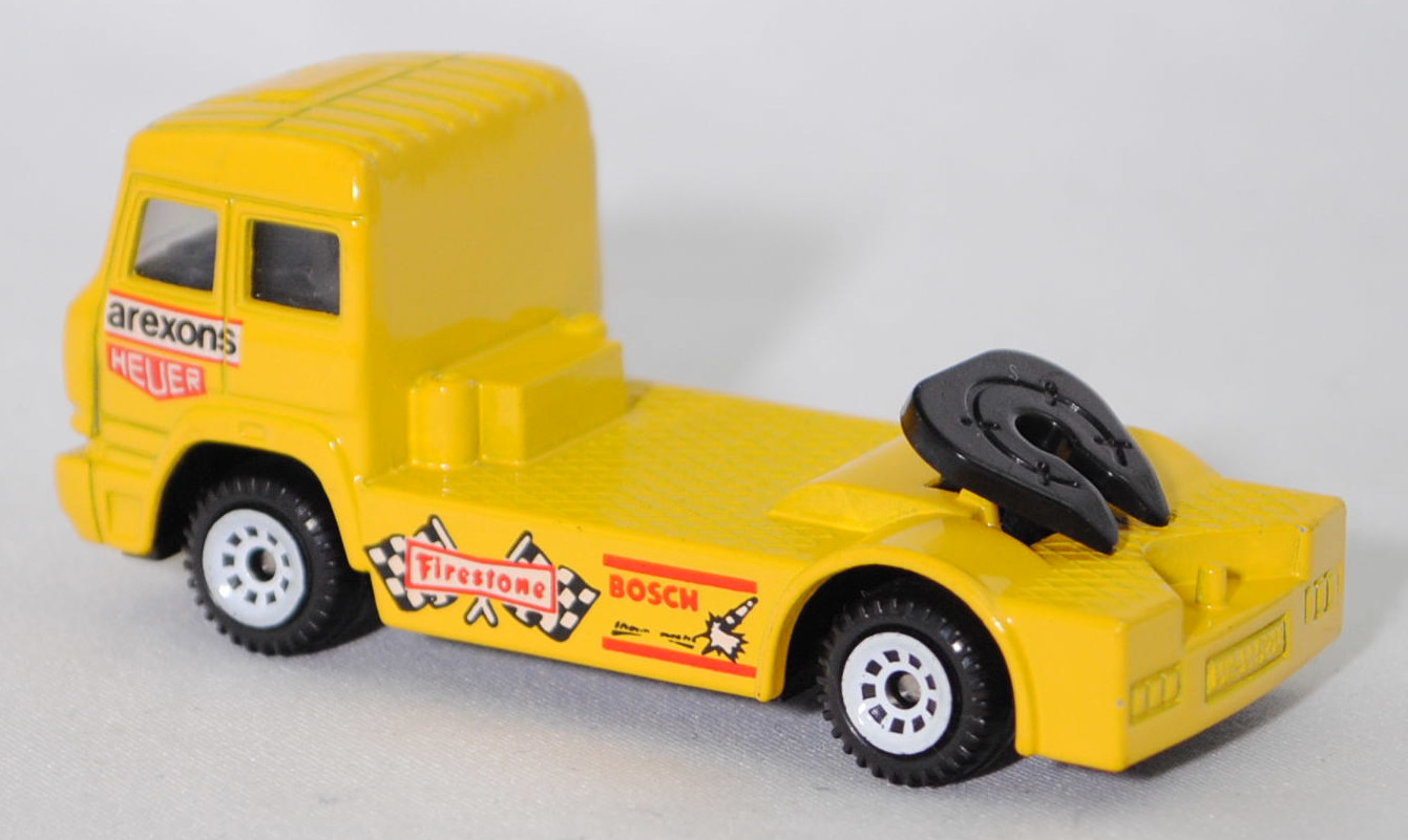 00001 Iveco TurboStar (Modell 1987-1990) Renntruck (Truck-Racing-Europameisterschaft 1989-1993, Klasse B), gelb, arexons / HEUER / Firestone / BOSCH, C1 reinweiß, SIKU, 1:86, m