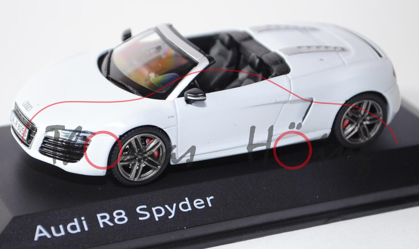 Audi R8 Spyder 5.2 FSI facelift, Modell 2012-, suzukagrau, innen schwarz, Schuco, 1:43, Werbeschacht