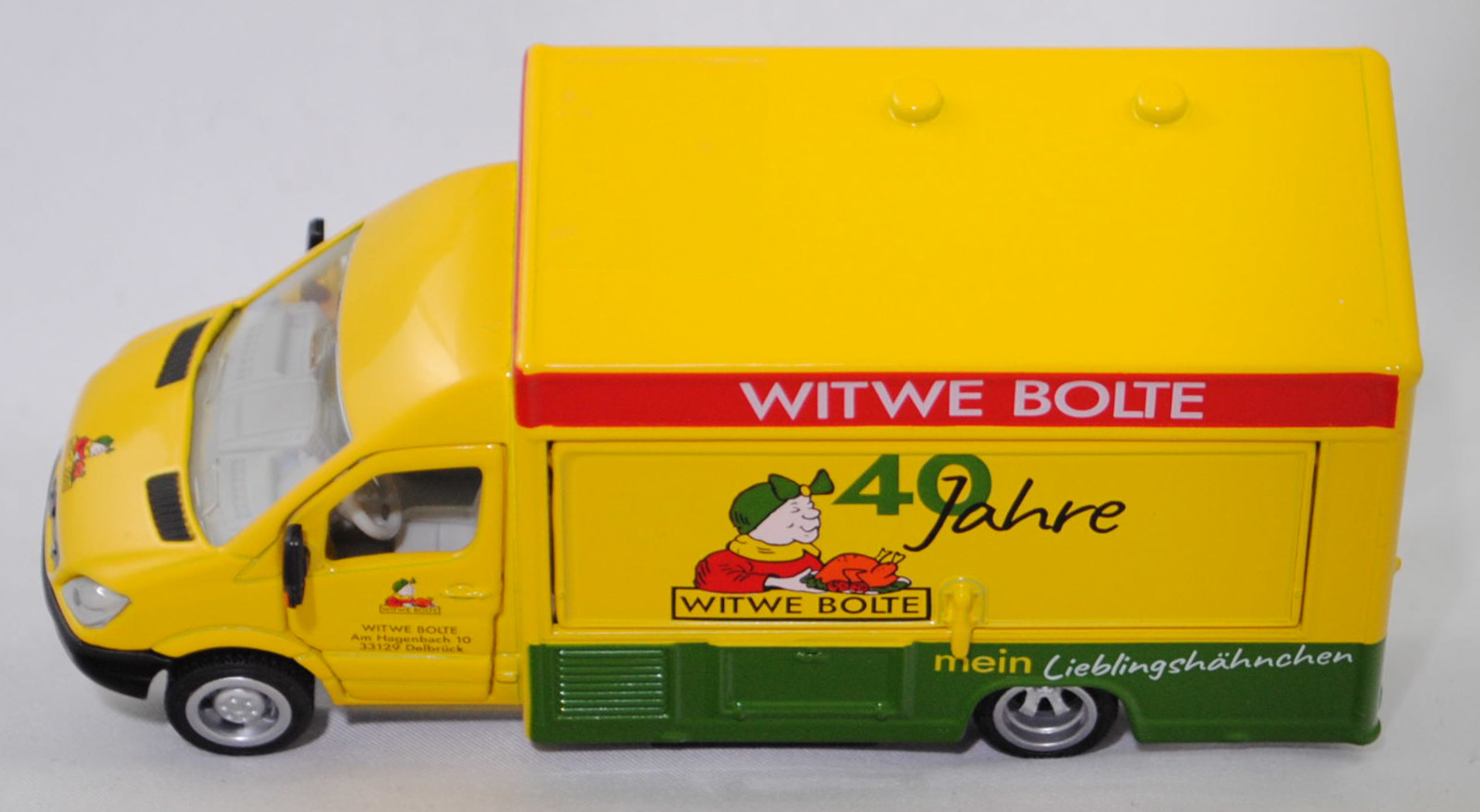 00403 Mercedes-Benz Sprinter II (2. Generation, W 906, Vor-MoPf, Modell 2006-2009) 515 CDI Verkaufswagen, verkehrsgelb, WITWE BOLTE / 40 Jahre, SIKU SUPER 1:50, Werbebox