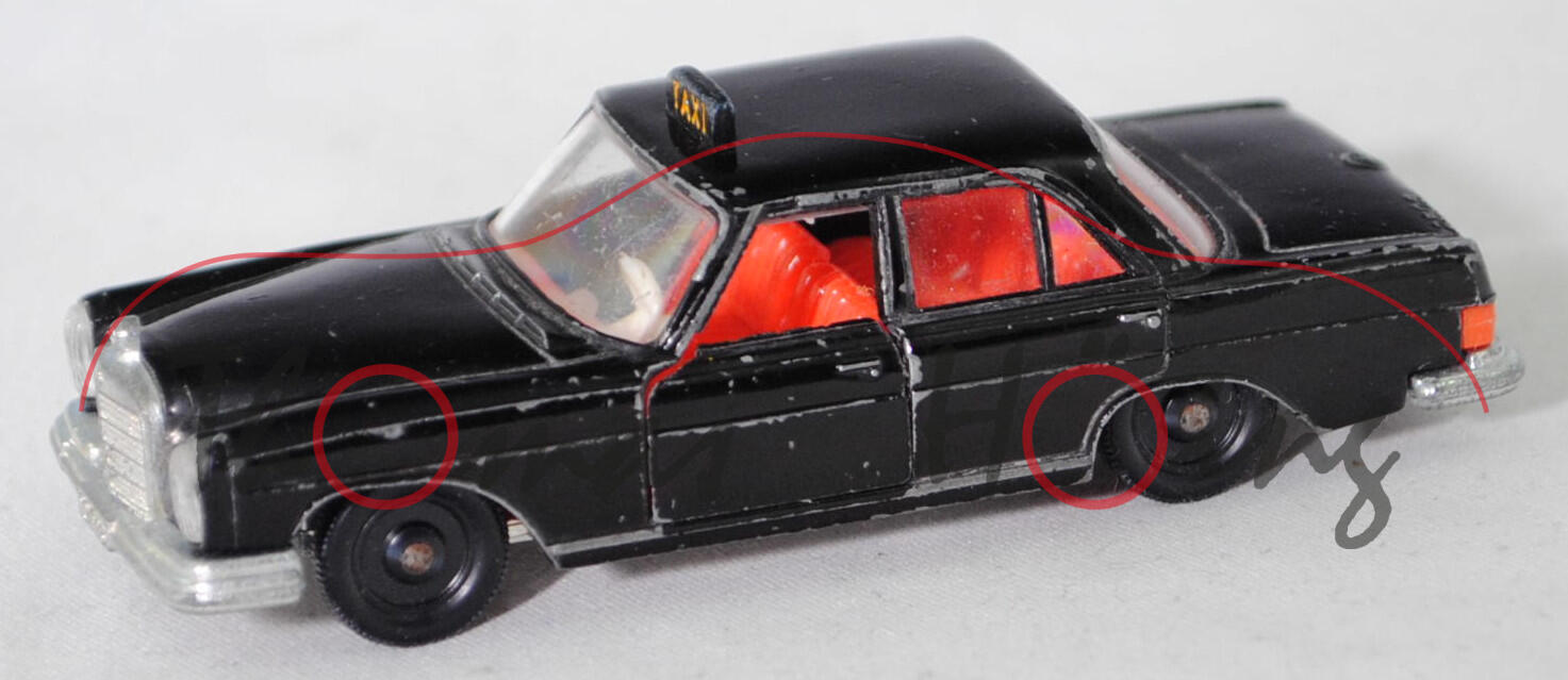 00007 Mercedes-Benz 250 S (Baureihe W 108 II, Vor-Mopf, Modell 1965-1968) Taxi, schwarz, innen rotorange, Rückleuchten rotorange, R2, SIKU, 1:60, vsc