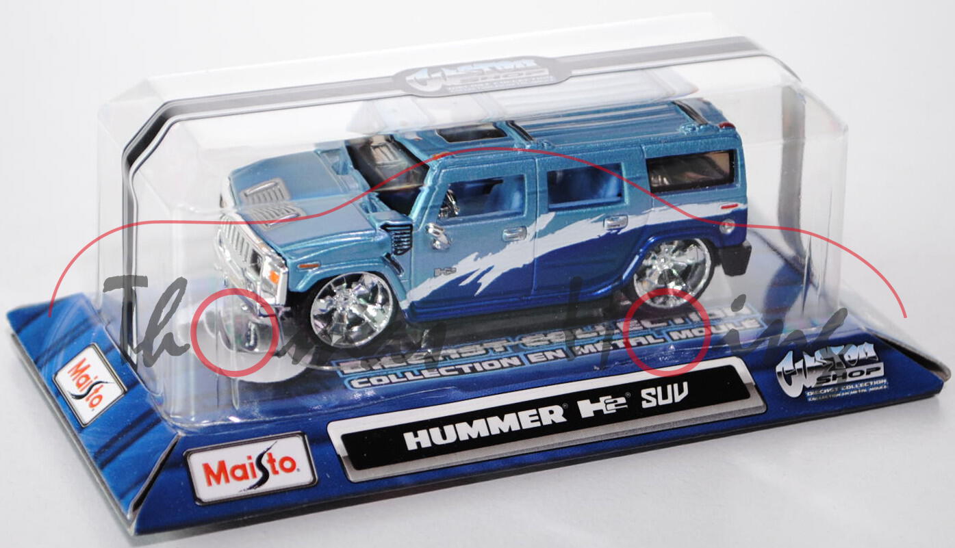 Hummer H2, Modell 2003-2007, pastellblaumetallic/reinweiß/ultramarinblaumetallic, innen blau, Maisto