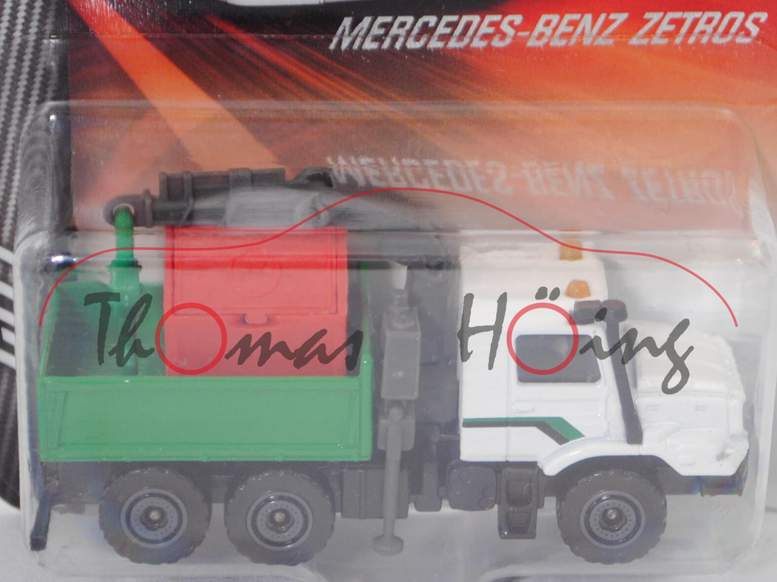 Mercedes-Benz Zetros 2733 (6x6, Mod. 08-) mit Pritsche und Ladekran, weiß/grün, majorette, Blister