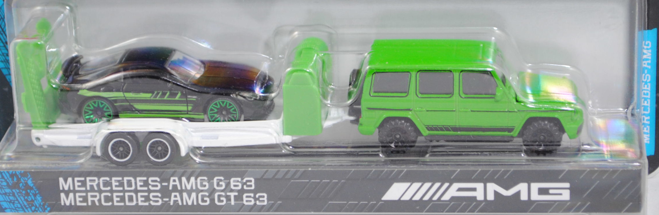 Mercedes-AMG G 63 (Modell 2015-2017) mit Autotransporter und Mercedes-AMG GT 63 4Matic+ (Modell 2023-), gelbgrün + reinweiß/gelbgrün + schwarz, majorette, Blister