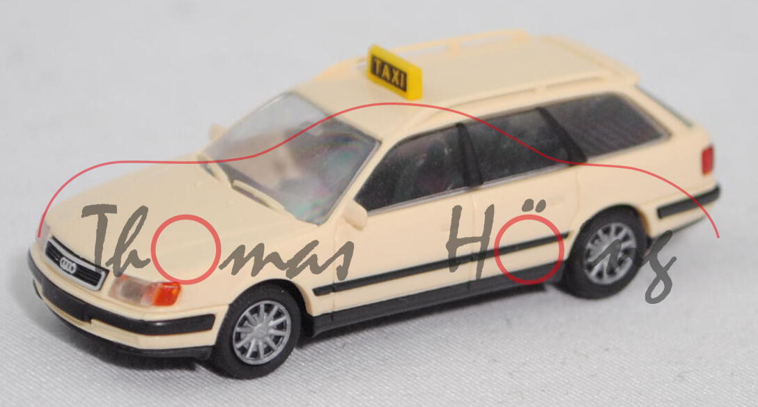 Audi 100 Avant 2.8 E (C4, Modell 1991-1994) Taxi, hellelfenbein (L07Q), Rietze, 1:87, Werbeschachtel