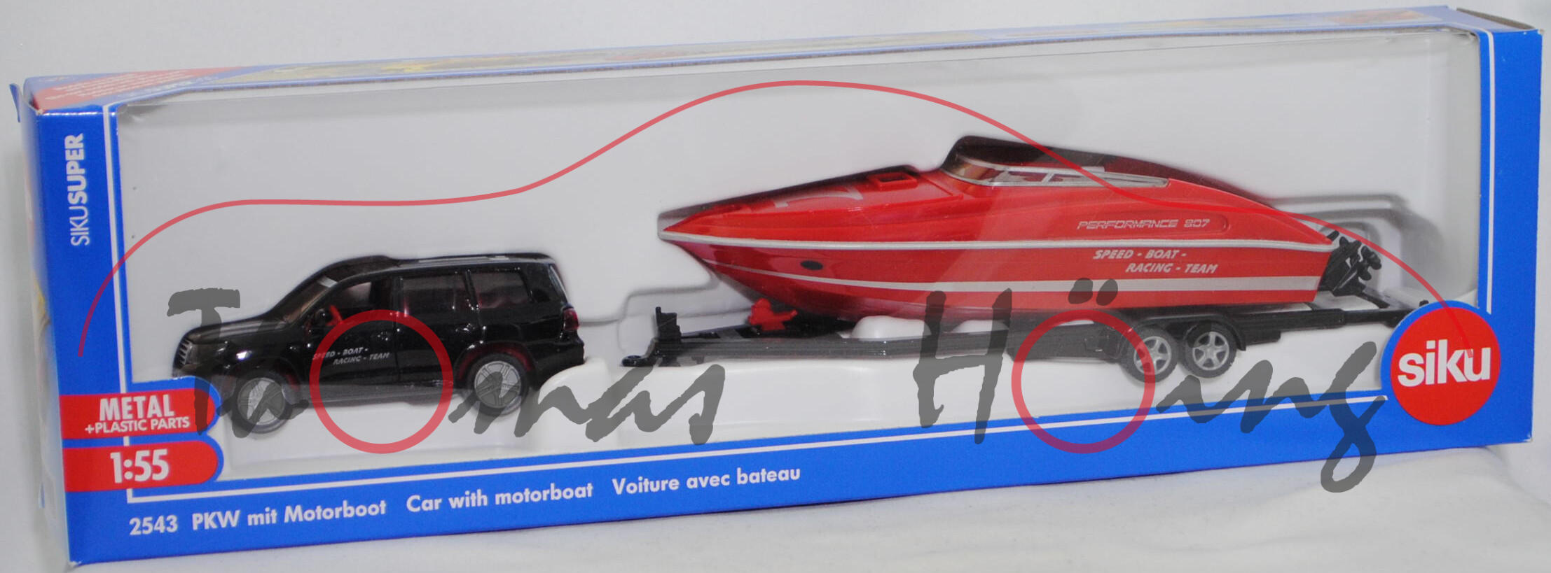 00005 Toyota Land Cruiser V8 Executive (J20, Mod. 08-12) mit Tandem-Bootstrailer und Motorboot PERFORMANCE 807 (Mod. 02-14), PKW: schwarz, Bpr. mit Adresse; Motorboot: rot, SIKU, 1:55, L17mpK