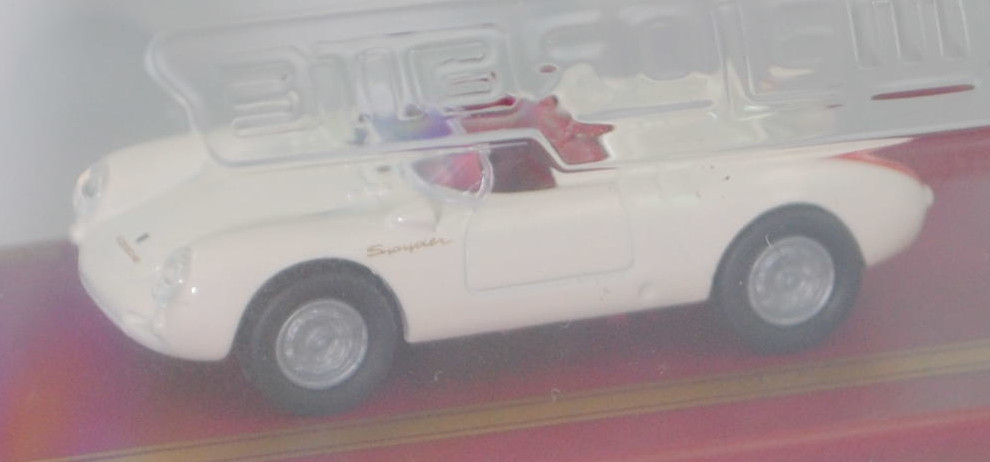 Porsche 550 Spyder (1. Generation, auch Porsche 1500 RS genannt, Modell 1954-1956), cremeweiß, innen purpurrot, majorette, 1:64, PC-Box im Blister (Collection)
