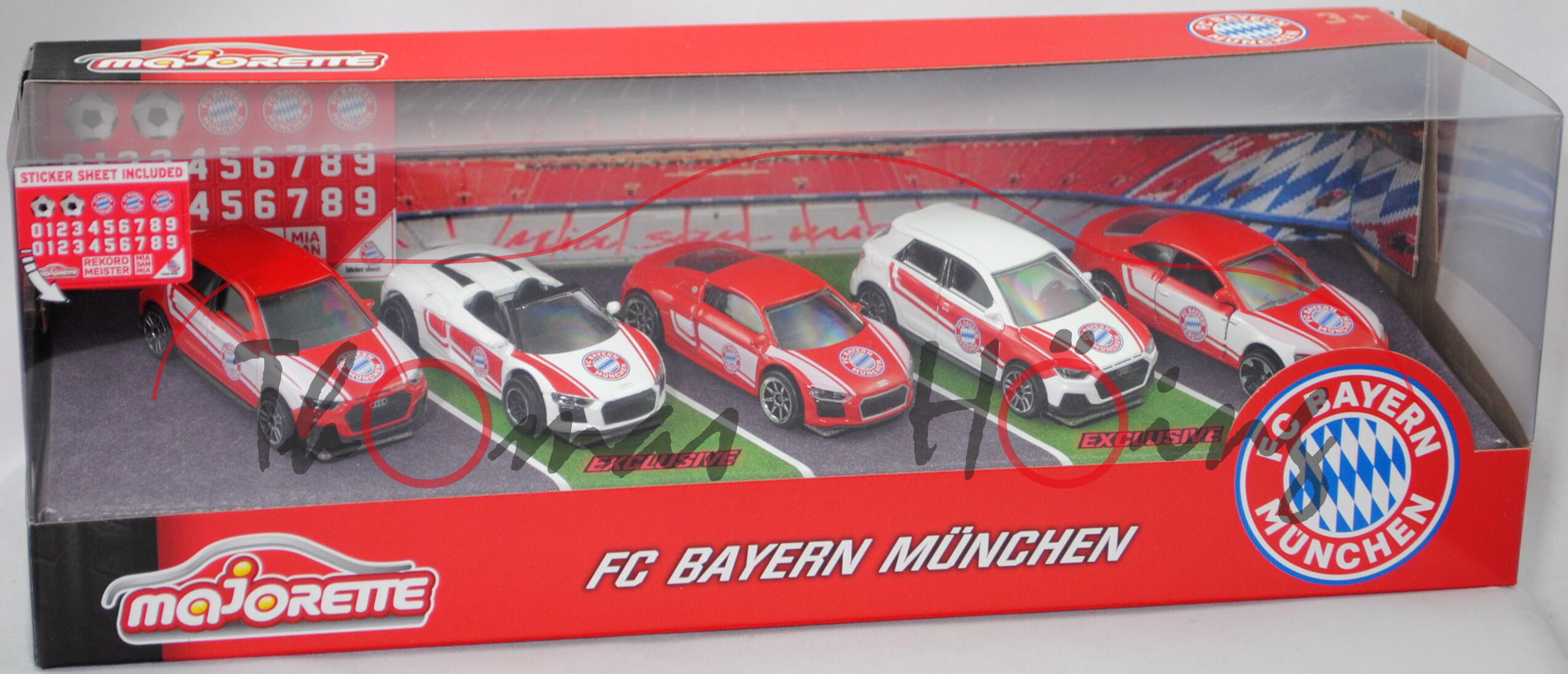 FC BAYERN MÜNCHEN Set, Audi A1 Sportback+R8 Spyder+R8 Coupè+S5 Coupé, mit Sticker, majorette, mb