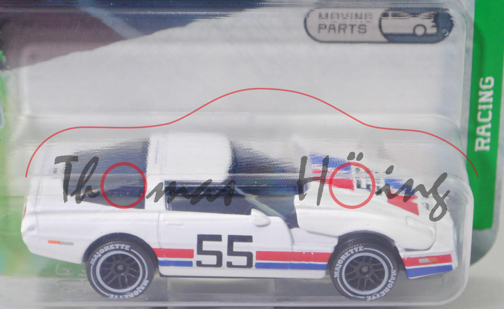 Chevrolet Corvette ZR-1 mit eingebautem Targa-Dach (4. Generation Corvette, C4, Modell 1989-1990) (Nr. 279C), cremeweiß, Streifen in rot/blau und 55, majorette, 1:59, Blister