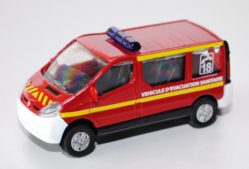 Renault Trafic, signalrot, VEHICULE D\'EVACUATION SANITAIRE / C 18, mit gelben Streifen, Heckklappe 