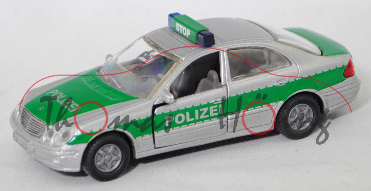 00002 Mercedes-Benz E 500 (W 211, Mod. 02-06) Polizei-Einsatzfahrzeug, silbergraumet., POLIZEI, mit Prägung der 3. Bremsleuchte, B13, SIKU, 1:55