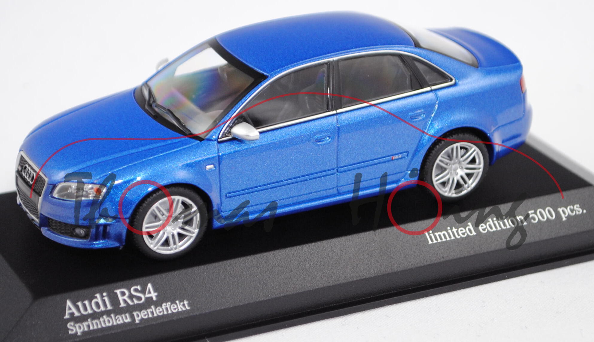 Audi RS4 Limousine (B7, Typ 8E, Modell 2005-2009), sprintblau perleffekt, Minichamps, 1:43, PC-Box