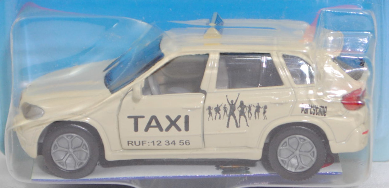 00003 BMW X5 3.0si / xDrive30i (E70, Modell 2006-2008) Taxi-Geländewagen, hellelfenbein, TAXI / RUF:12 34 56 / partytime, SIKU SUPER, 1:58, P29a vergilbt
