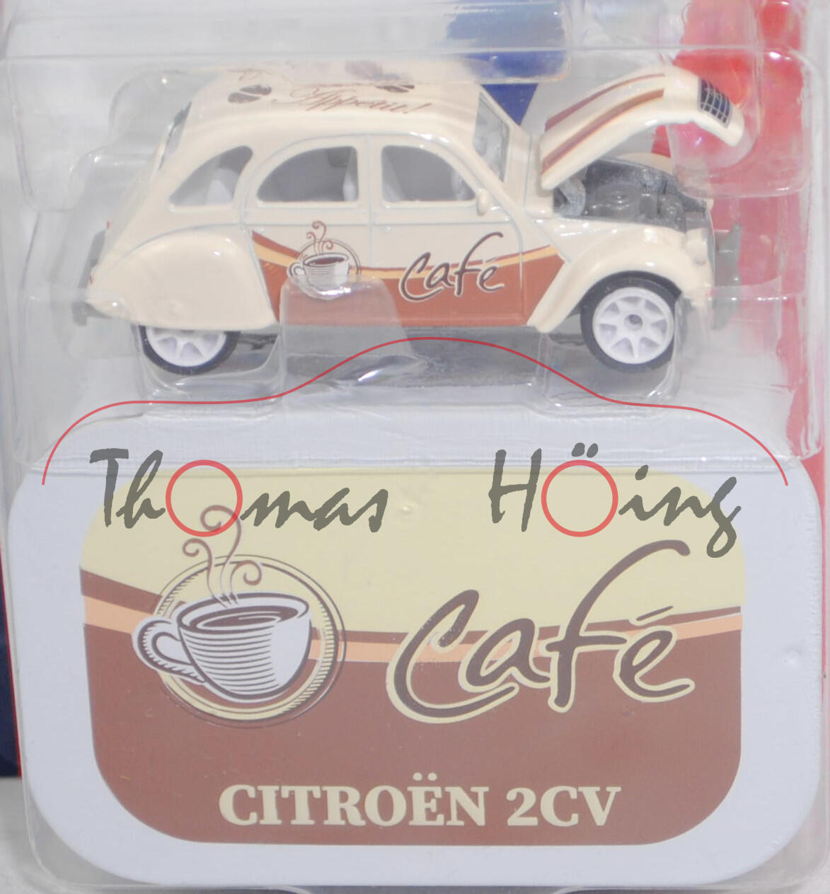 Citroen 2CV 6 (Modell 1975-1977) mit Rolldach (Nr. 253A), hellelfenbein, Café, majorette, 1:64, Blister