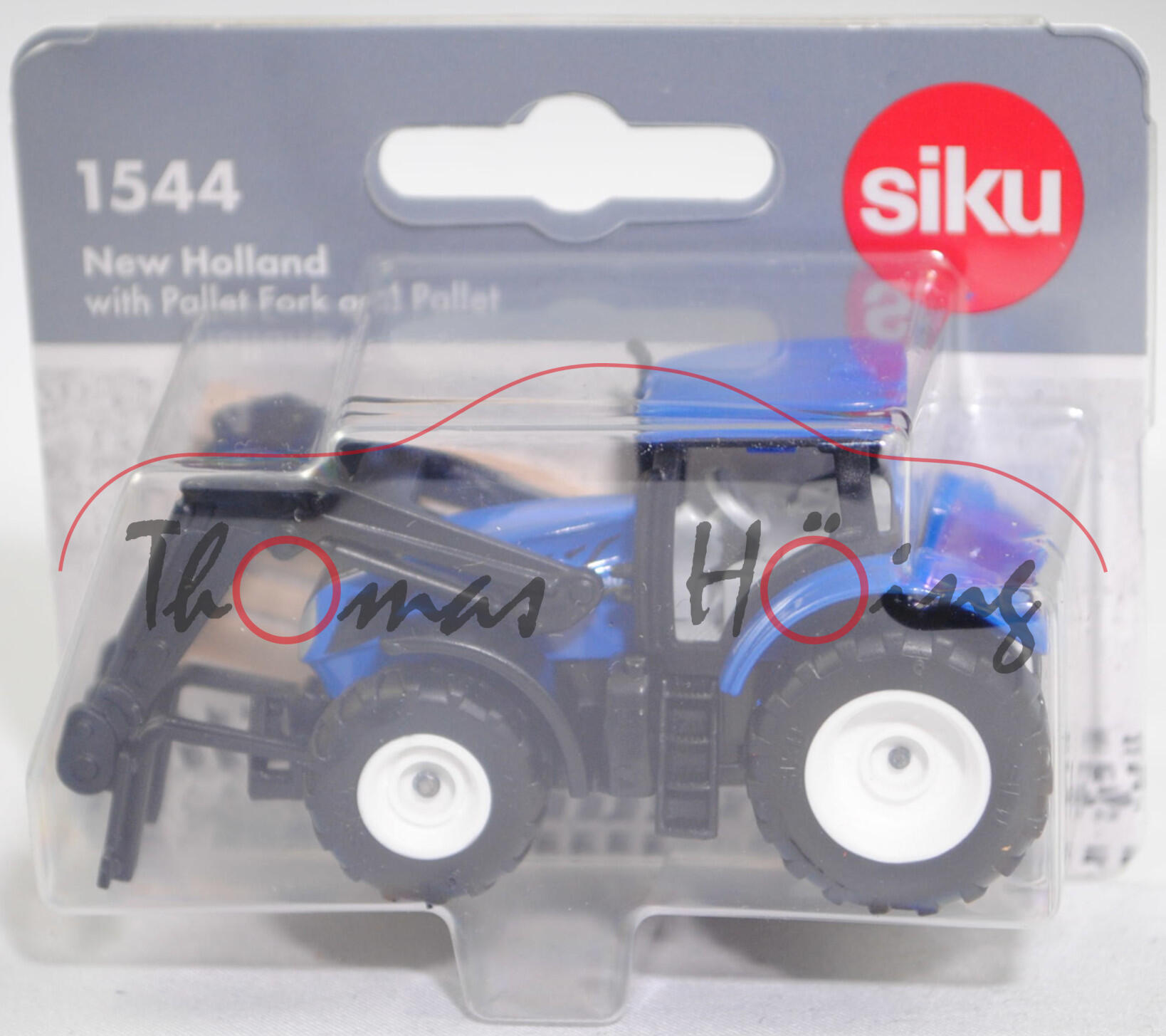 00000 New Holland T7.315 AC (Modell 2015-2021) mit Frontlader und Palettengabel sowie Palette, hell-signalblau/schwarz, Zubehör: 1 hell-beige Palette, SIKU, 1:79, P29f