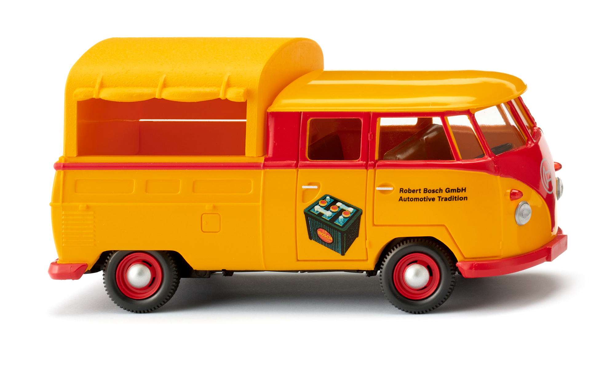 VW T1 1500 DoKa Doppelkabine Pritschenwagen mit Plane (Typ 2 T1 bzw. Typ 2 Transporter 1, Modell 1963-1967), gelb, Robert Bosch GmbH / Automotive Tradition, Wiking, 1:40, mb