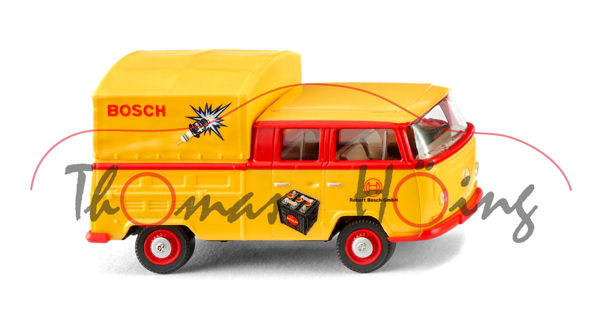 VW DoKa Doppelkabine Pritschenwagen (Typ 2 T2a, Modell 67-71), rot/gelb, Bosch, Wiking, 1:87, mb