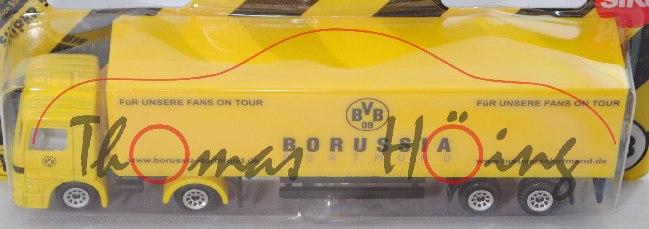 00401 MB Actros M (1. Gen., Mod. 96-02) Gardinen-Sattelauflieger, gelb/schwarz, BvB 09, Werbeblister