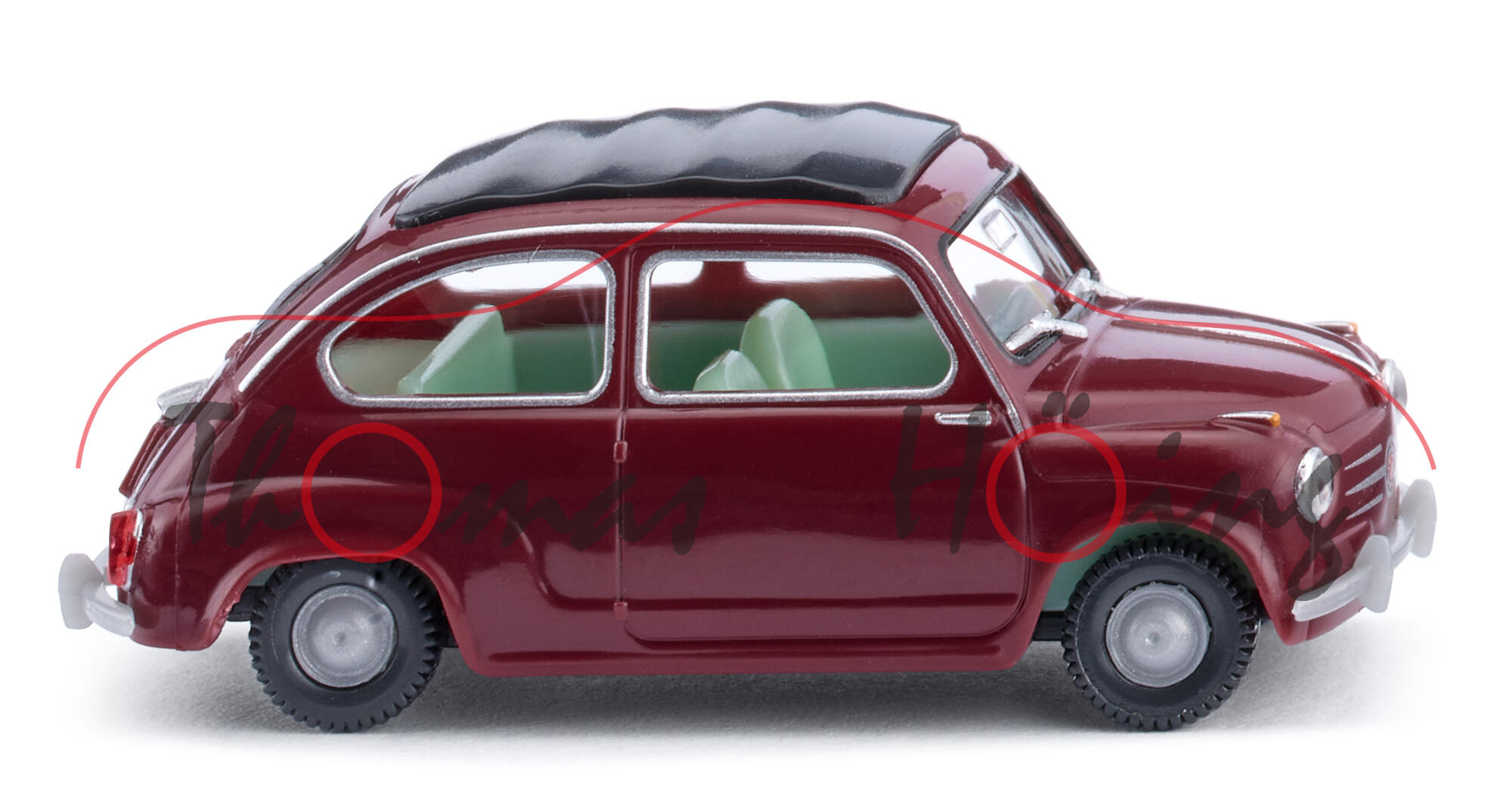 Fiat 600 Cabrio-Limousine mit geschlossenem Textil-Schiebedach (Typ 100, Serie 2, Modell 1956-1957), weinrot, Wiking, 1:87, mb