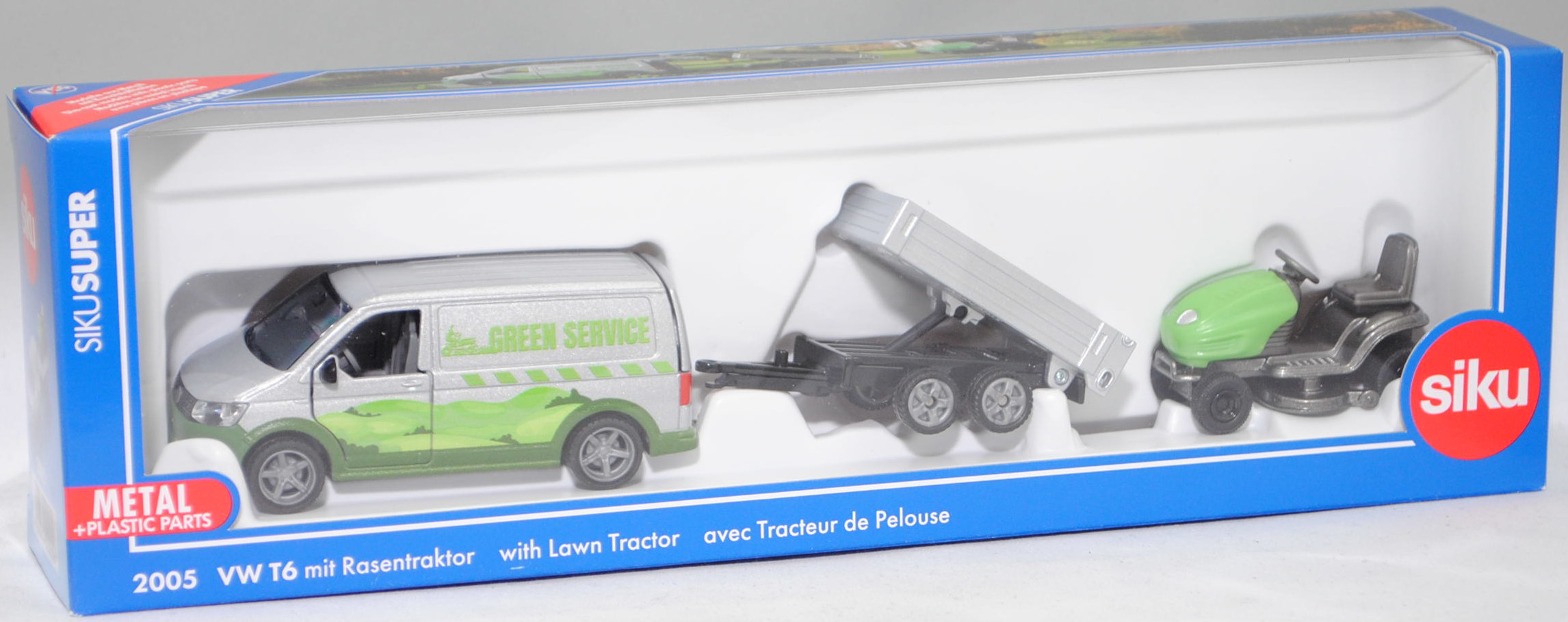00000 VW T6 Transporter Kastenwagen 2.0 TSI (Modell 2015-2019) mit Tandem-Rückwärtskipper und Rasentraktor MTD YaRD-MaN, silber und grün/schwarz, SIKU SUPER 1:50, L17mpK
