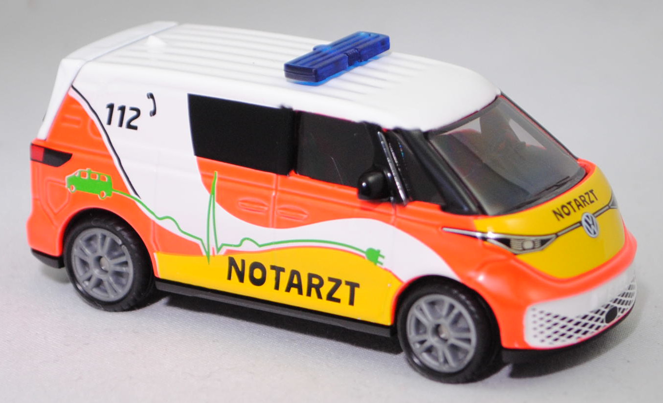 00000 VW ID. Buzz Cargo (1. Generation, interne Baureihenbezeichnung EBN, Modell 2022-) Krankenwagen, Karosserie reinweiß, C 112 / NOTARZT, SIKU SUPER, 1:61, P29f