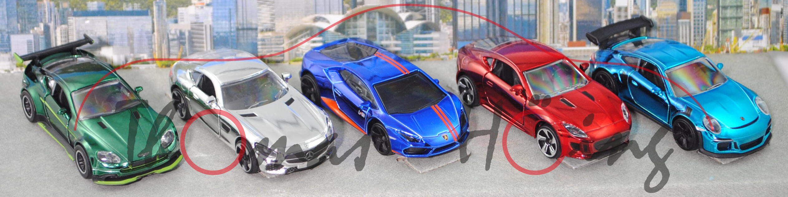 CHROME CARS SET: ASTON MARTIN+MB-AMG+Lambo Huracán+Jaguar F-Type+Porsche, majorette, mb