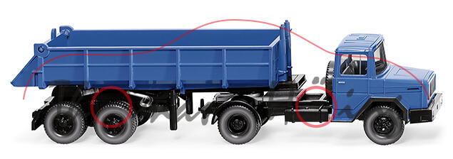 Magirus-Deutz Eckhauber (3. Gen., Modell 1970-1973) Hinterkippersattelzug, blau, Wiking, 1:87, mb