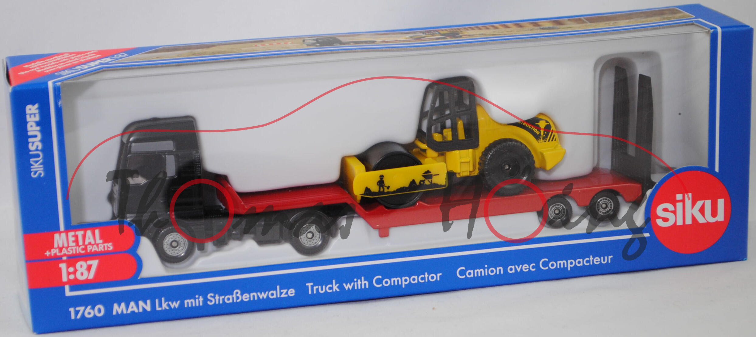 00000 MAN TGX 18.580 D38 XXL (Mod. 17-19) mit Sattelauflieger und HAMM 3625 HT Walzenzug, schwarz/rot und gelb, SIKU, 1:87, L17mpK