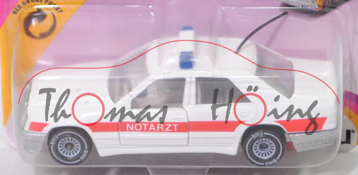 00006 Mercedes-Benz 300 E (W 124, Modell 1985-1986) Notarztwagen, weiß/rot, NOTARZT, Chassis silber, Hong, B4, SIKU, 1:55, P23