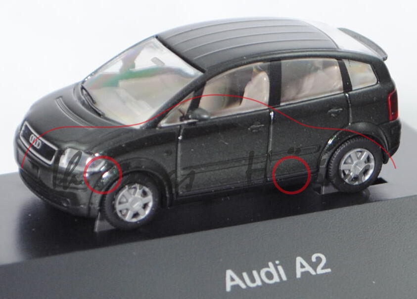 Audi A2 1.4 (Typ 8Z, Vorfacelift, Modell 2000-2003), piniengrün perleffekt, Rietze, 1:87, Werbebox