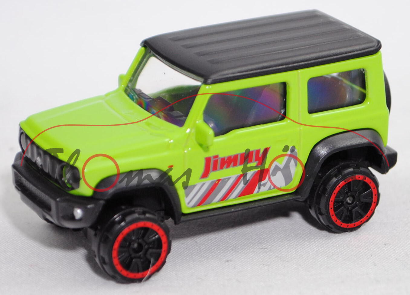 Suzuki Jimny (2. Gen., Typ GJ, Mod. 2018-) BACKPACKER / OFFROAD, gelbgrün, majorette, 1:53, mb