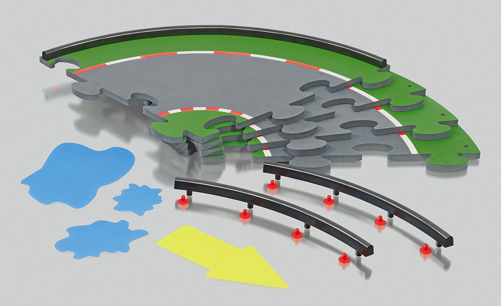 Zubehörpackung Kurve für SIKU Racing, Inhalt: 4x Fahrbahnstücke; 8x Banden; 32x Befestigungselemente