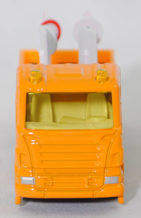 00008 Scania R380 (Typ CR16, Day cab, Modell 2007-2009) LKW mit Verkehrszeichen, melonengelb, Kühlergrills mit Prägung U-Bügels links, SIKU SUPER, 1:89, P29f