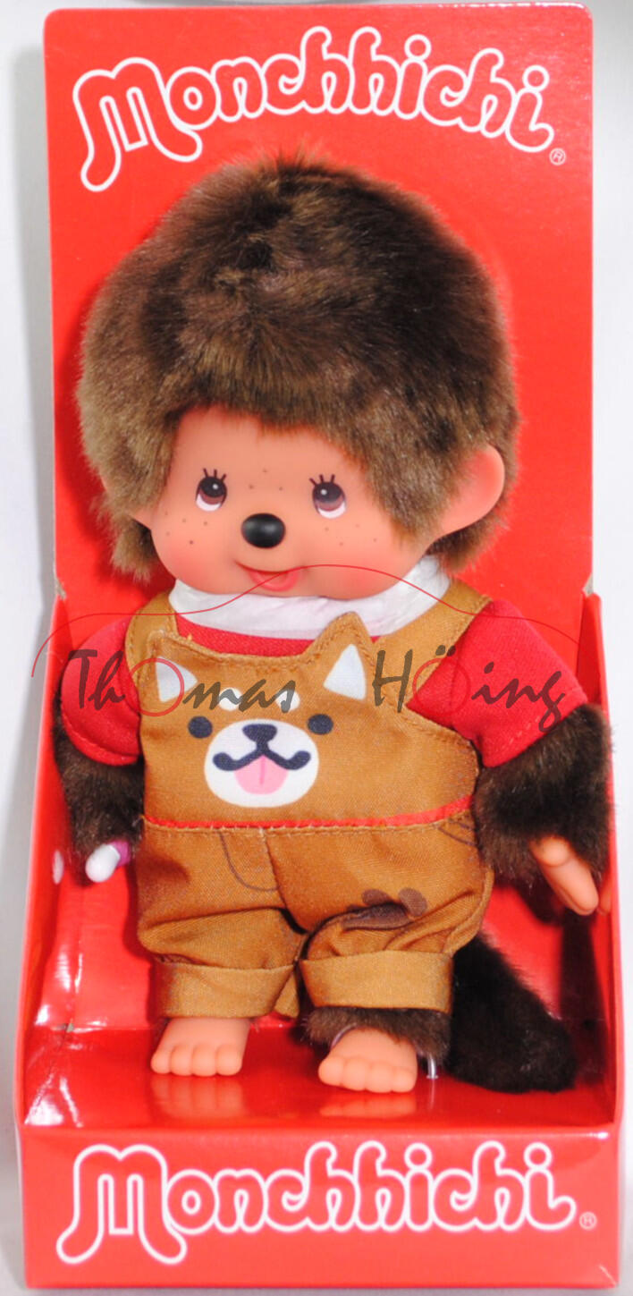 Monchhichi Boy Animal Dress Shiba (Junge mit Latzhose im Shiba (japanische Hunderasse) Design), 20 cm groß, Sekiguchi (EAN 4905610203864)