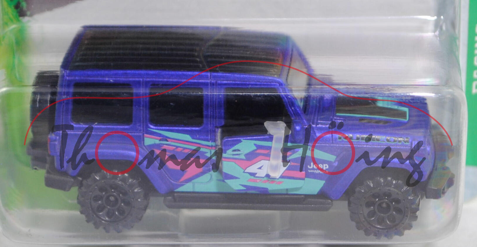 Jeep Wrangler Unlimited 2.0 4xe Plugh-In-Hybrid Rubicon mit Freedom® Hard Top (JL, Modell 2021-2023) (Nr. 224E), blauviolettmetallic, majorette, 1:66, Blister