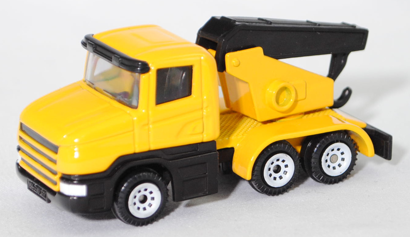 00002 Scania T114GB 6x4 NZ 340 (Serie 4, Fahrerhaustyp CT14, Modell 1995-1998) Abschleppwagen, gelb, Ausleger mit Abschlepphaken schwarz, C1 weiß, SIKU SUPER, 1:86, m