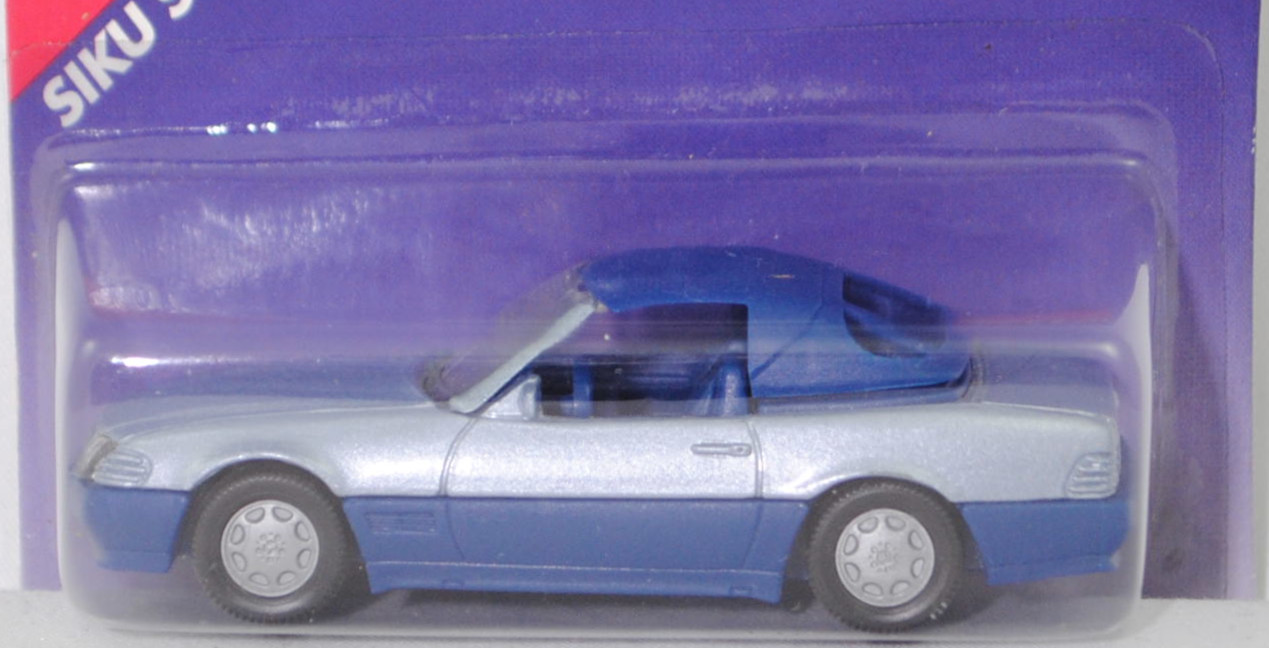 00005 Mercedes-Benz 500 SL mit Verdeck (Hardtop) (R 129, Modell 1989-1992), silberblaumetallic/saphirblau, Scheibe seitlich lackiert, Heckklappe mit Stern, Hong, B7, SIKU, 1:55, P25