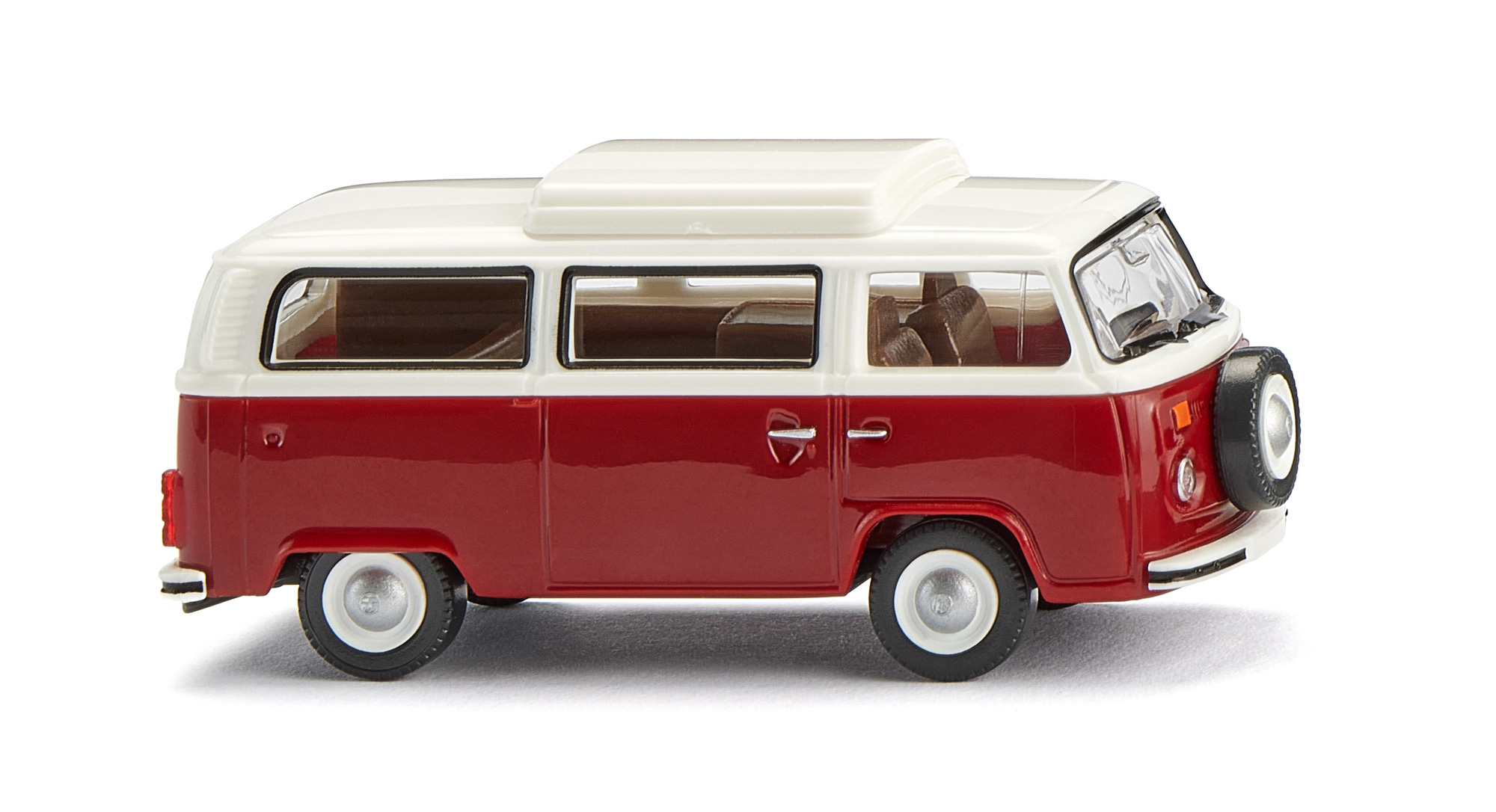 VW T2 Campingwagen (Typ 2 Transporter 2 bzw. T2b, Facelift 2 von 1972, Modell 1973-1979) mit geschlossenem Hubdach, weiß/rubinrot, Wiking, 1:87, mb
