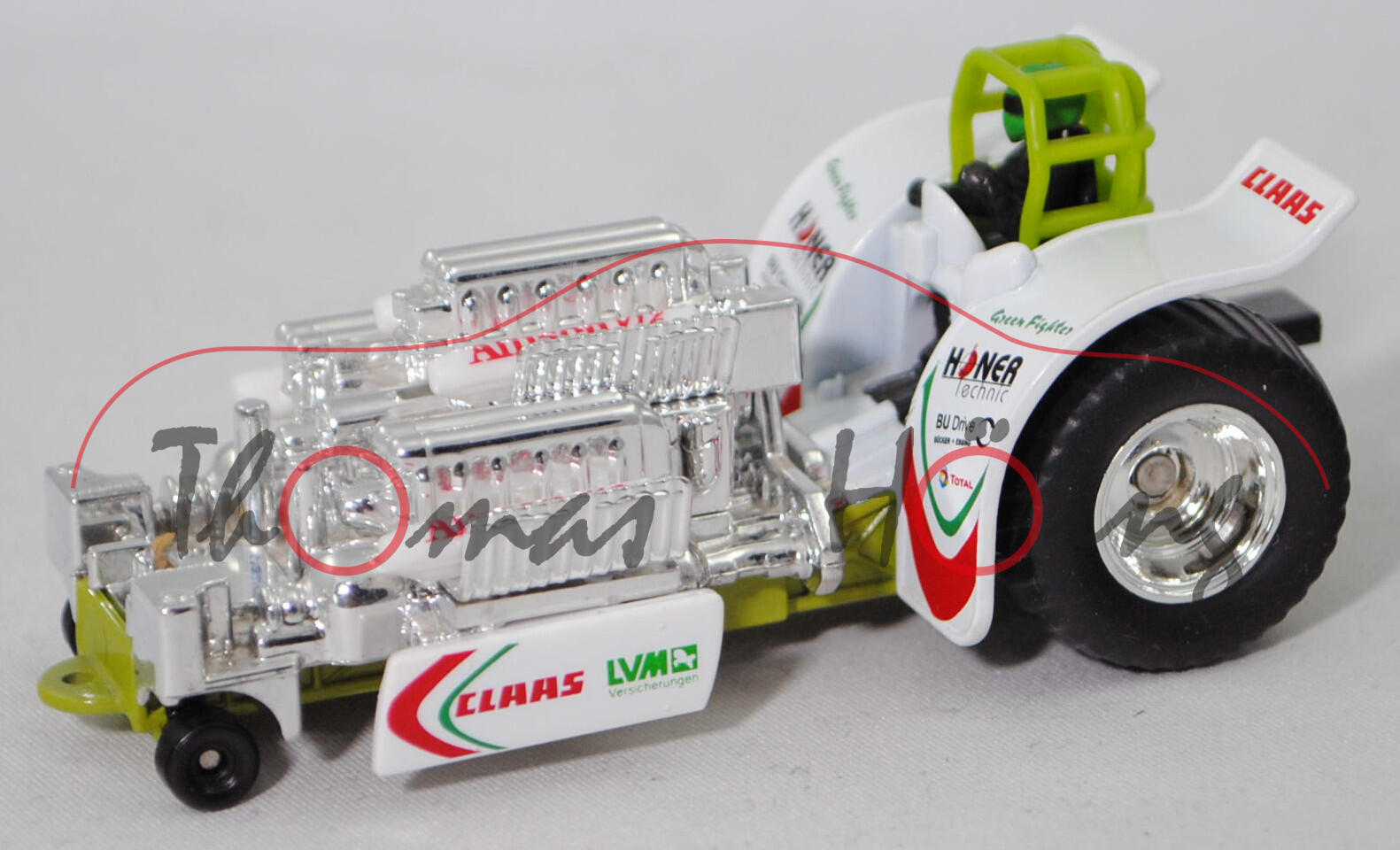 00000 Pulling Traktor Green Fighter, claasgrün/reinweiß/chrom, CLAAS/LVM/TOTAL, 1:87, L17mpK m-