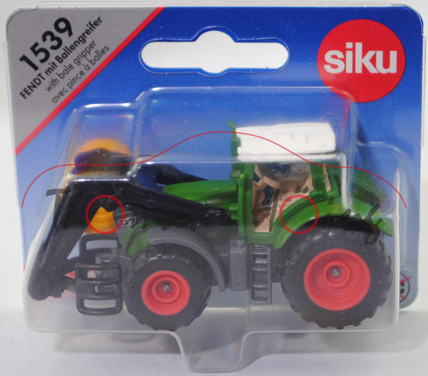 00001 Fendt 1050 Vario ProfiPlus (Modell 2019-2021) mit Ballenzange, Motorhaube hell-grasgrün, zusätzlicher Druck FENDT in silber im Kühlergrill, SIKU, 1:87, P29e