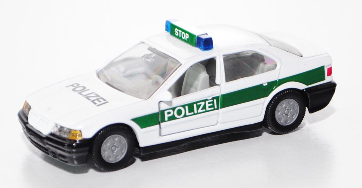 00000 BMW 320i (Baureihe E36, Modell 1992-1996) Polizei-Streifenwagen, reinweiß/hell-moosgrün, innen